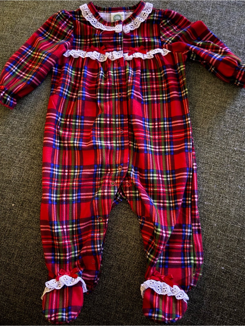 Little Me Red Plaid Lace-Trim Footed One-Piece